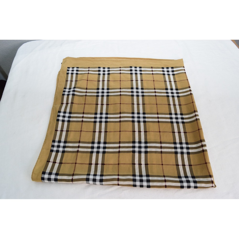Scarf OS 100% Silk Tan Plaid Check Silk Square Women Luxury France 32 X 32